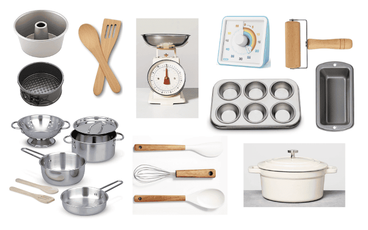 Ultimate Image of Play Kitchen Accessories, timer, mini pots and pans, wooden utensils, mini baking pans